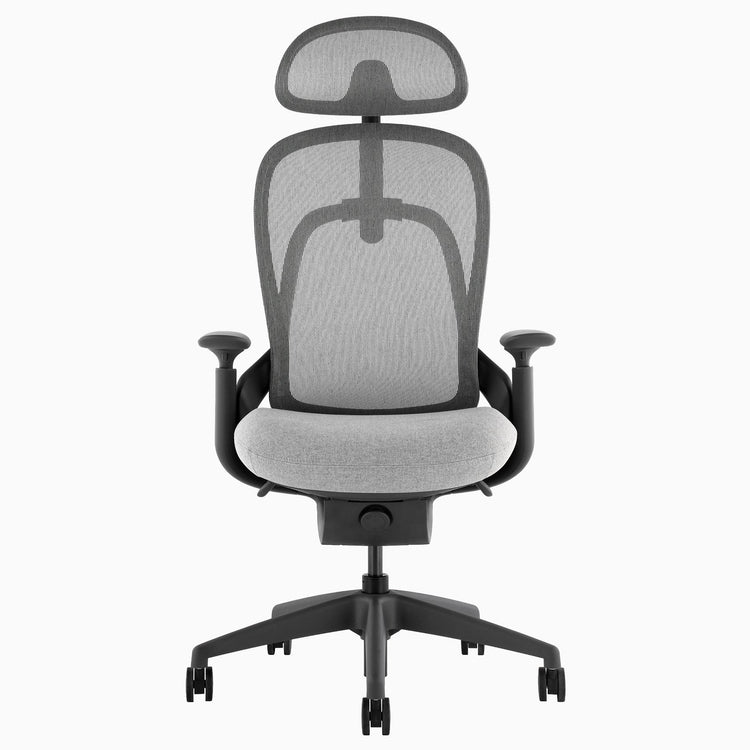 Ergonomiczny fotel biurowy Desky Pivot w kolorze szarym z zagłówkiem, przód