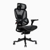 A modern ergonomic office chair with a gray mesh back, headrest, and seat, featuring black armrests and a chrome five-star wheeled base, shown on a white background.