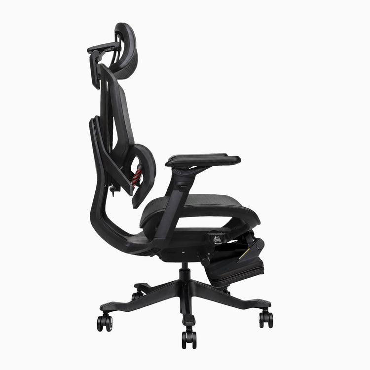 Desky contourra ergonomic office chair with footrest tucked in