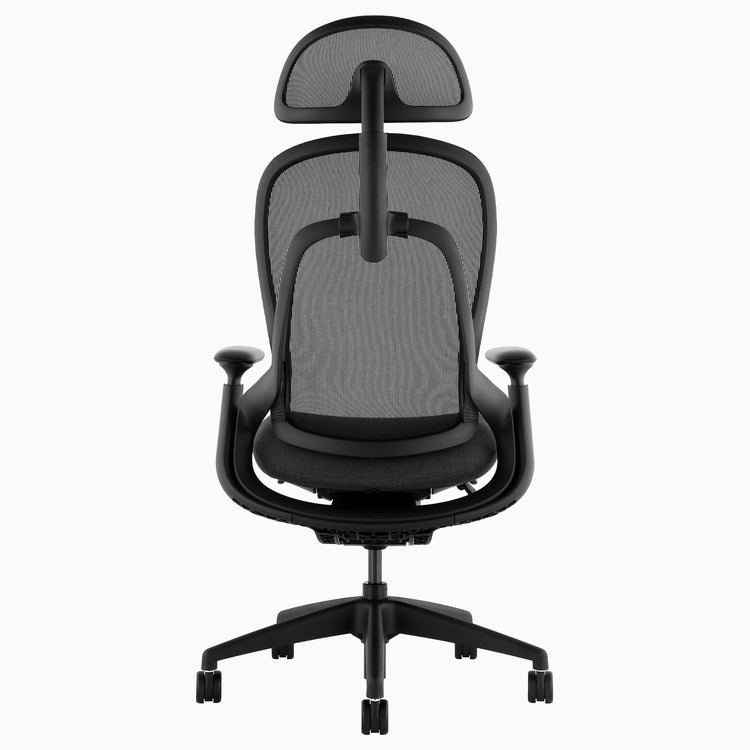 Ergonomiczny fotel biurowy Desky Pivot w kolorze czarnym z zagłówkiem, tył